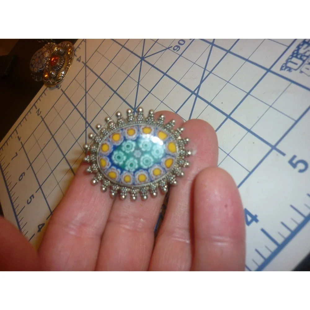 Unbranded Brooch Sterling Silver Millefiori Glass Mosaic Floral Italian 925 Blue